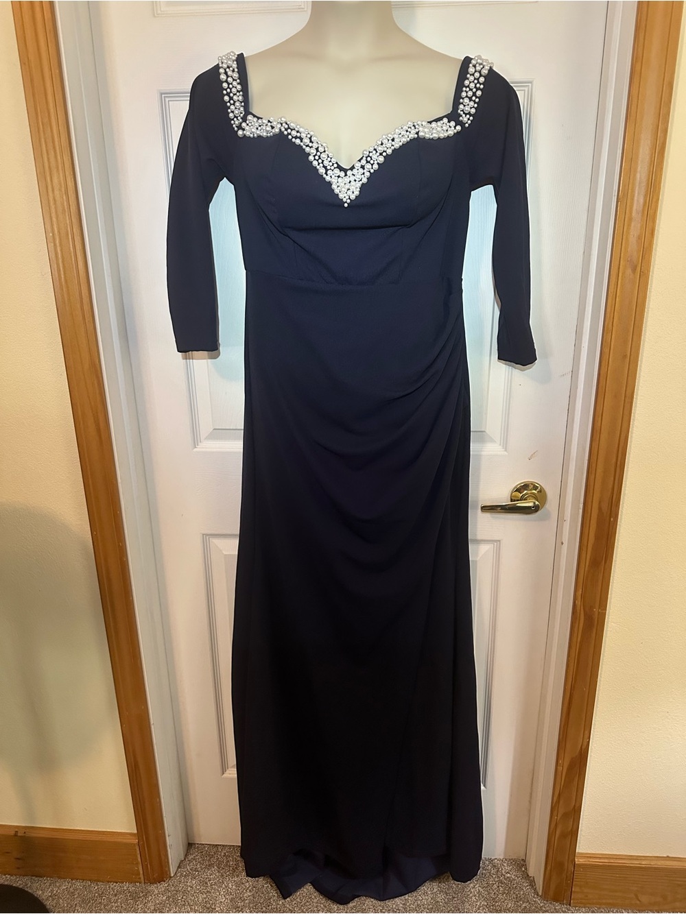 Evening Pearl-Embellished Navy Dress